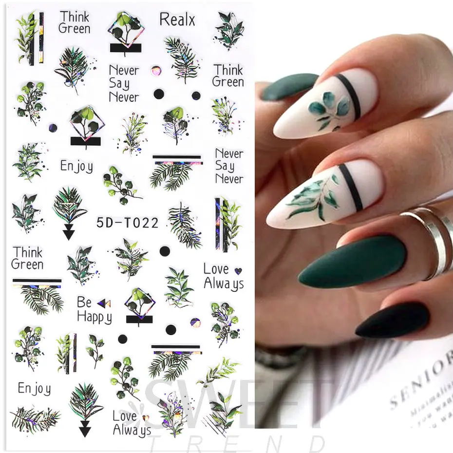 Summer Green Leaf 5D Nail Sticker Holographic Banana Leaf Petal Flower Graffiti Geometric Line Design Nail Art Decoration JI5D-T