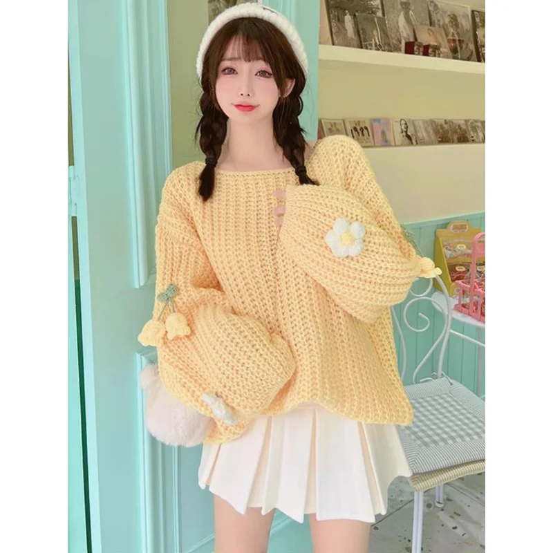 

Женский весенне-осенний милый желтый свитер с цветочным принтом, мини-плиссированные юбки, комплект из 1 или двух предметов, женские корейские женские свободные вязаные топы, костюм с юбкой