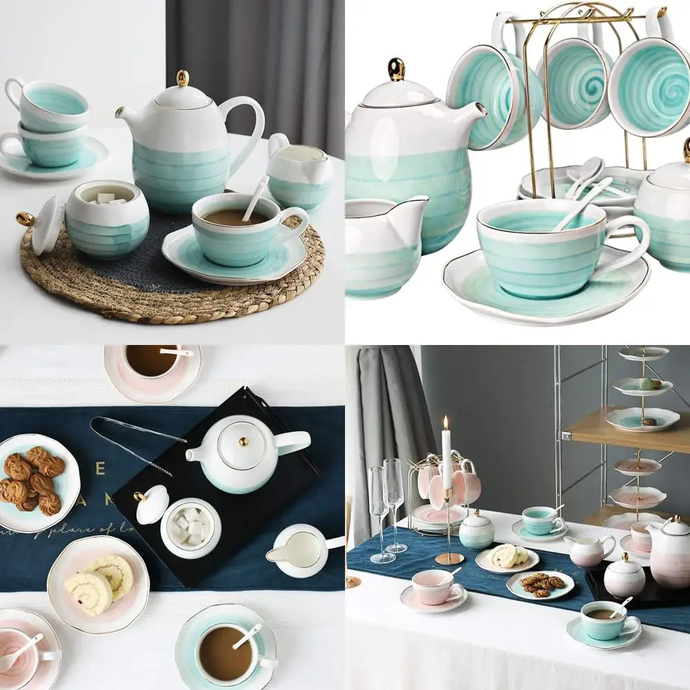 

Modern Blue Porcelain Tea Set, 8 Oz, 16 Pieces, Nature Pattern, Ideal for 4, Includes Accessories