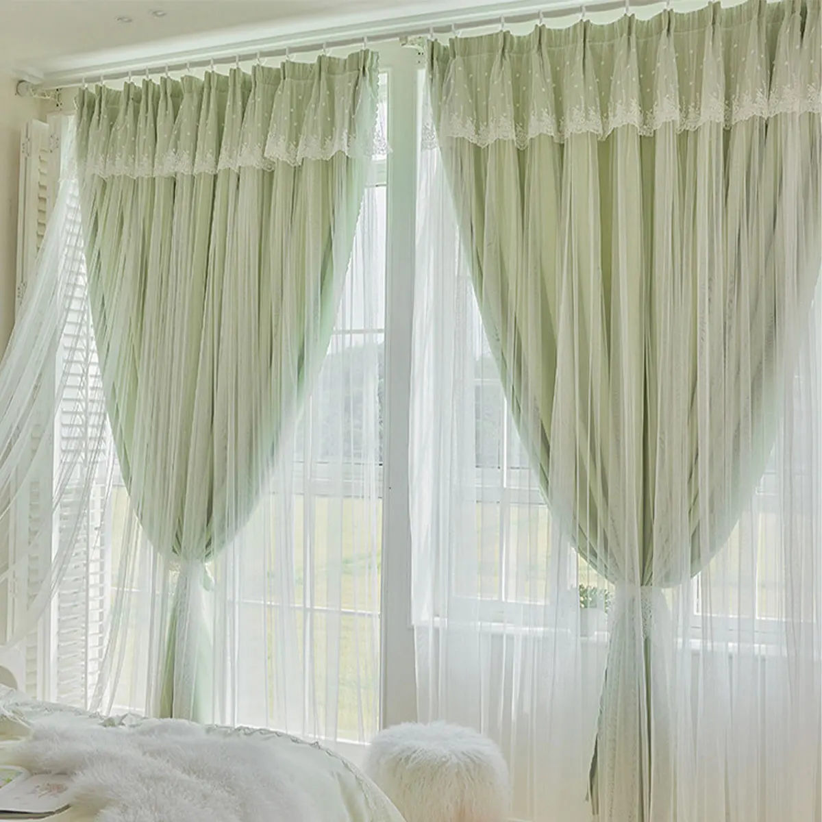 Light Green Double Layer Lace Valance Medium Shading Hook Pleat Curtains, Romantic Decor Drapes for Household Windows