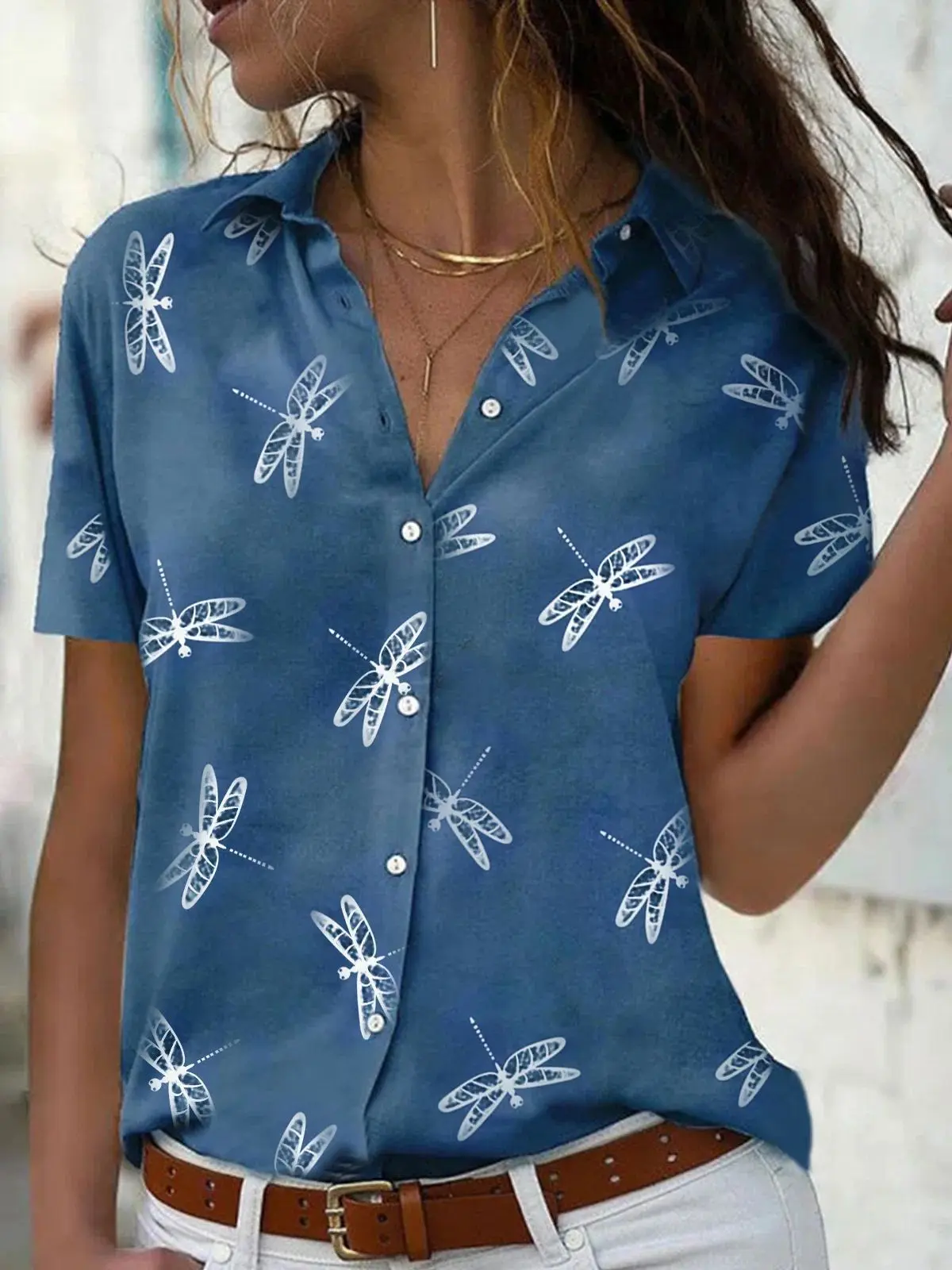 

Women's Summer Dragonfly Flower Print Short Sleeve Shirt