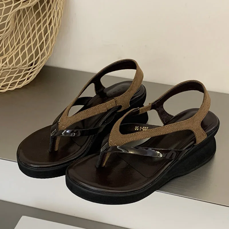 Aneikeh Summer Fashion Rome Design Splicing Clip Toe Platform Wedges Women Sandals Solid High Heels Flip Flops Shoes