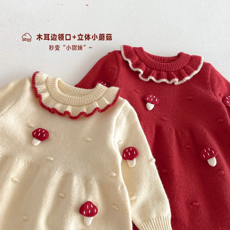 ملابس الفتيات الغربية للعام الجديد 2025 فستان محبوك فطر ثلاثي الأبعاد للشتاء الجديد سترة بعمر سنة واحدة #3