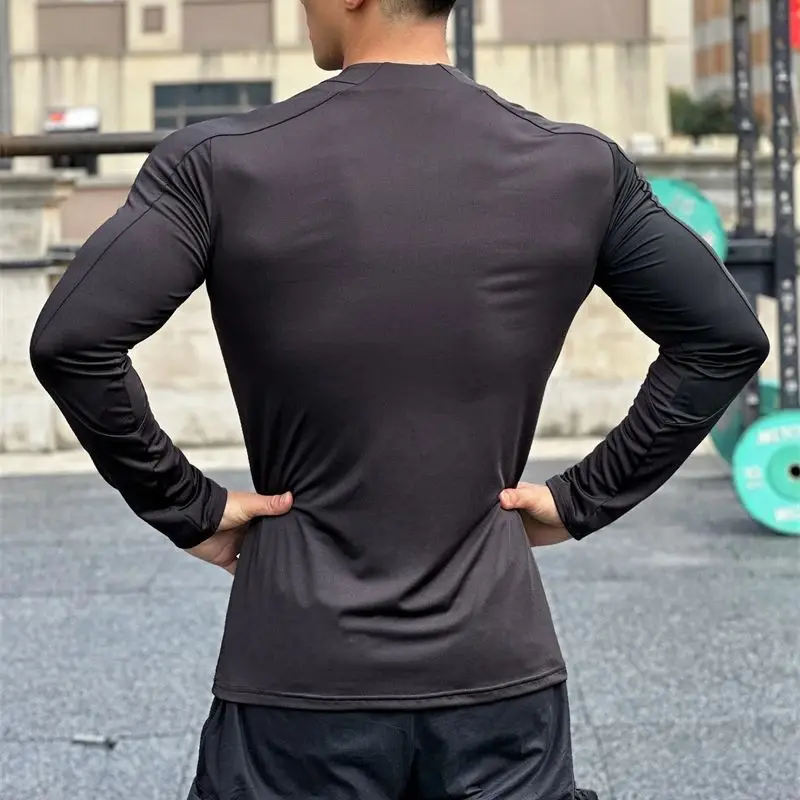 New casual men's long sleeve T-shirt zipper neckline stretch sportswear reflective strip design fitness jacket men's wear