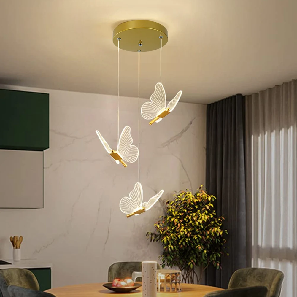 LED Modern Three Headed Butterfly Pendant Light, 3-color Light, Living Room, Dining Room, Home Decoration, Indoor Lighting