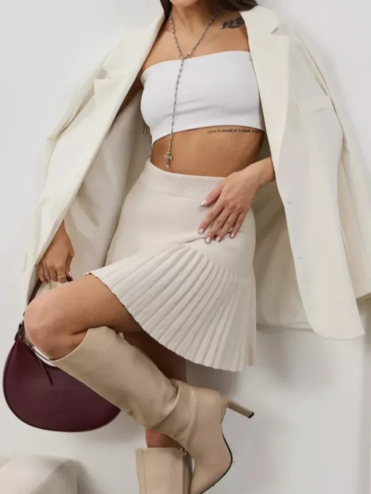 Fashion Retro Knitted Pleated Skirt High Street Mini Skirt Black Slim Elastic High Waist Preppy Style A-LINE Short Skirt Women