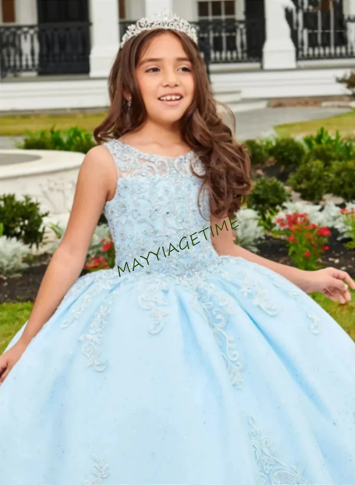 Light Blue Flower Girl Dresses Applique Lace Elegant Princess Ball Gown For Kids Birthday Party Dress First Communion Dress