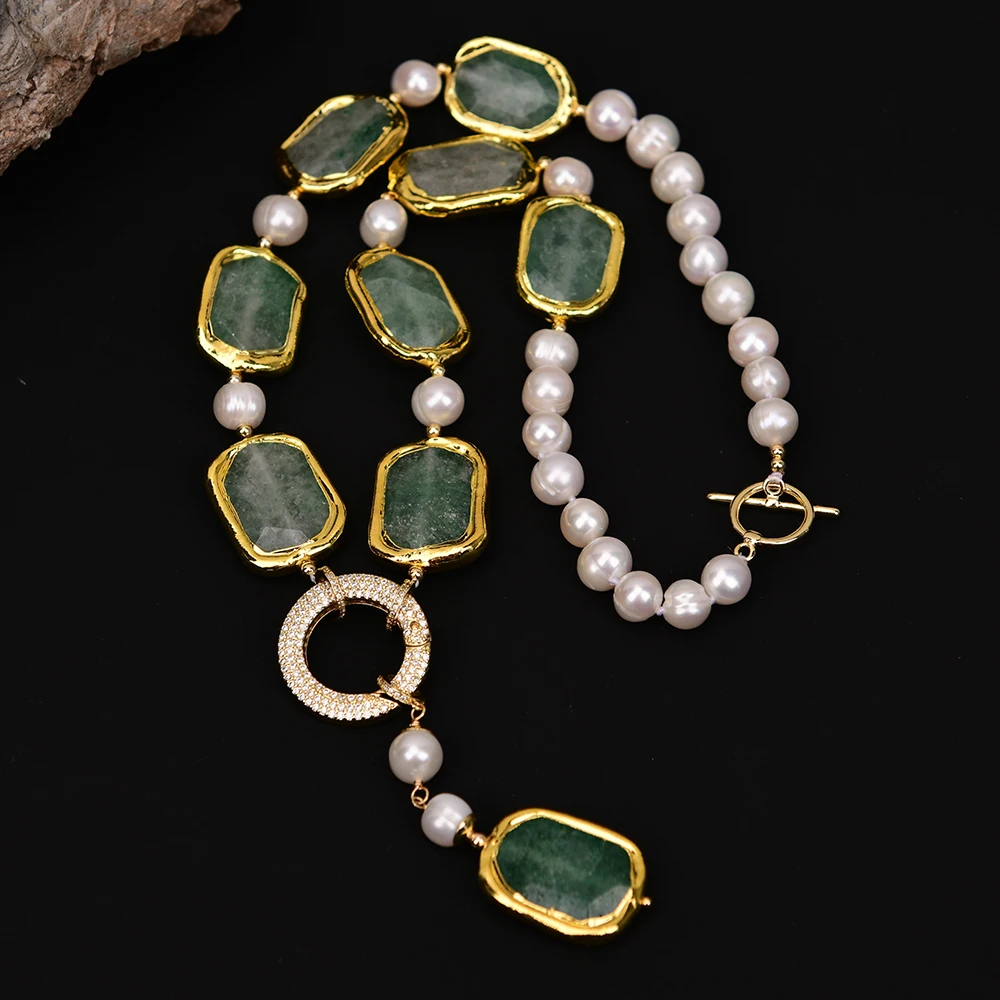 GG 20'' Cultured White Round Pearl Gold Edge Plated Green Strawberry Quartz Necklace Pendant CZ Clasp