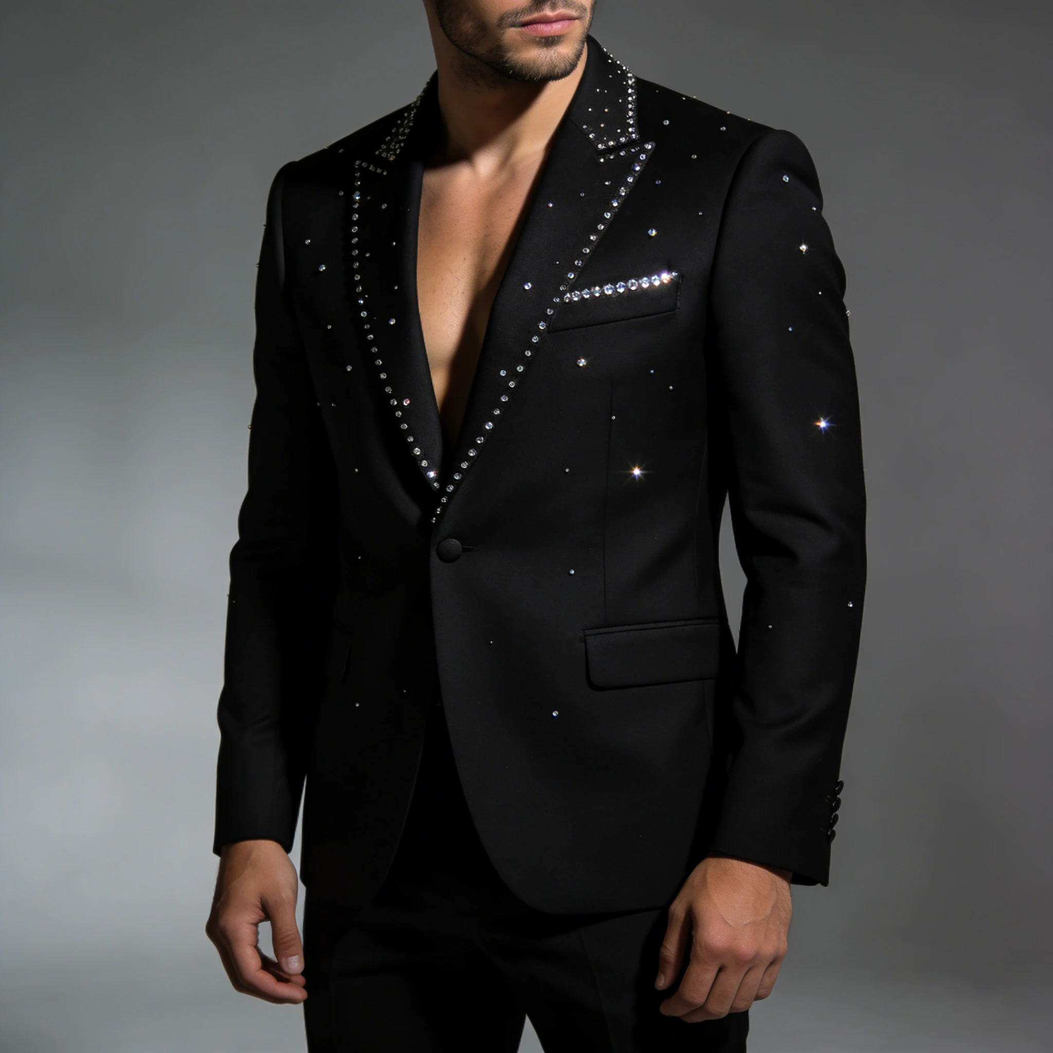 

Elegant Slim Fit Men's Tuxedo 2 Piece Set with Beaded Crystals One Button High Quality Customized for Wedding Prom Business Dinn
