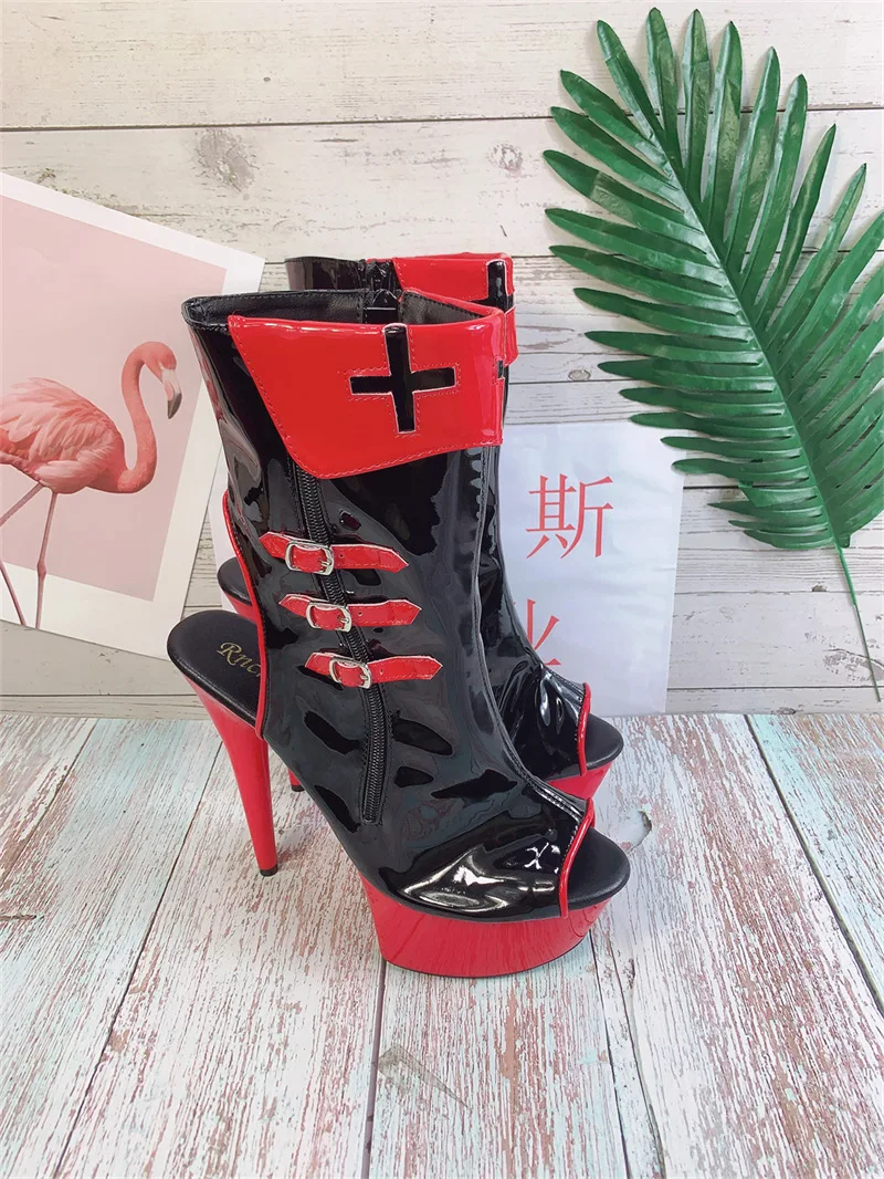Queen Peep Toe Stripper Heels Cross Dressing 15cm Gothic Shoes Thin Heels Nightclub Ankle Boots Exotic Dancer Strip Pole Dance