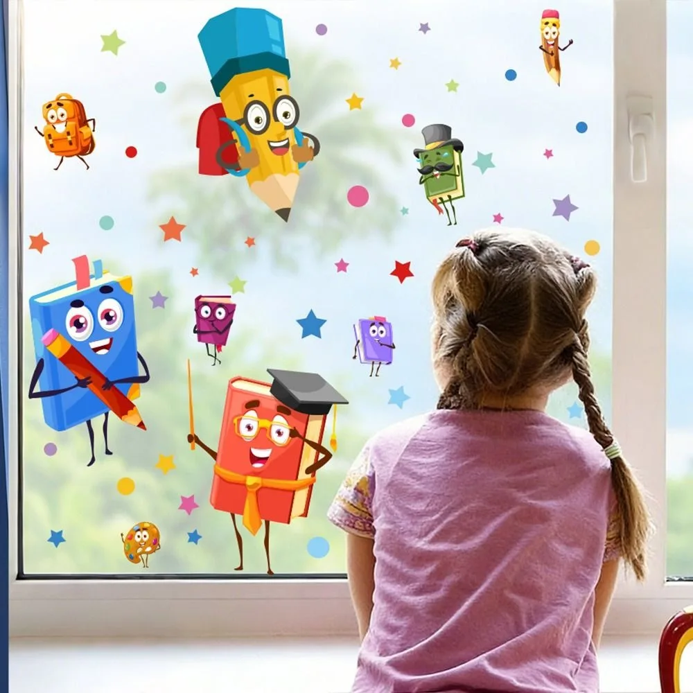 Multicolor Cartoon Stationery Static Sticker Pencil Books Waterproof Decorative Sticker DIY Photo Props Window Decals