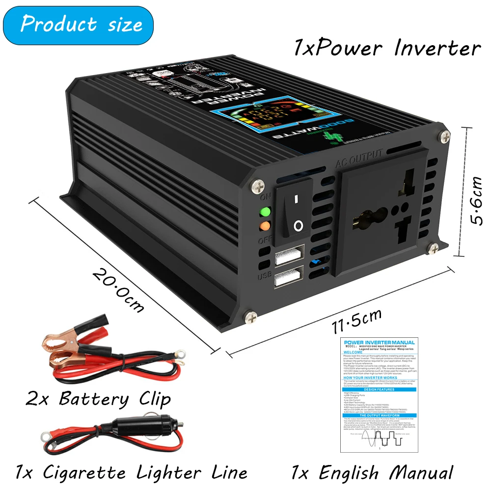 

6000W Inverter DC 12V to AC 110V / 220V Vehicle Solar Power Inverter with Dual USB Digital Display For RVs and Small Appliances