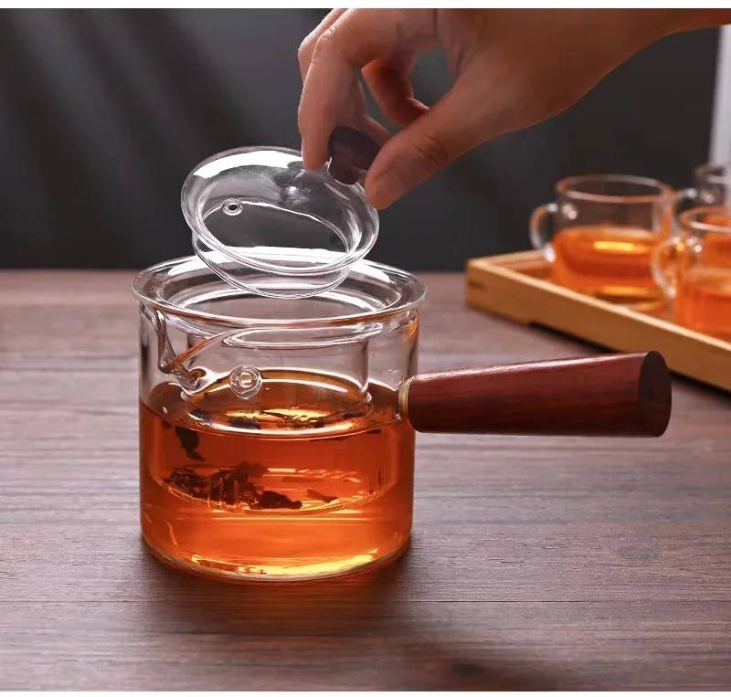 Japanese Glass Teapot with Side Handles Tea Pot with Wooden Handles Kung Fu Tea Set Thickened Tea Maker Intuitive Tea Pot