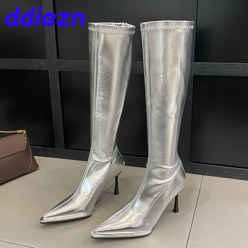 Calzature da donna in argento stivali alti al ginocchio da donna moderni scarpe con cerniera stivali elasticizzati da donna elastici di moda con