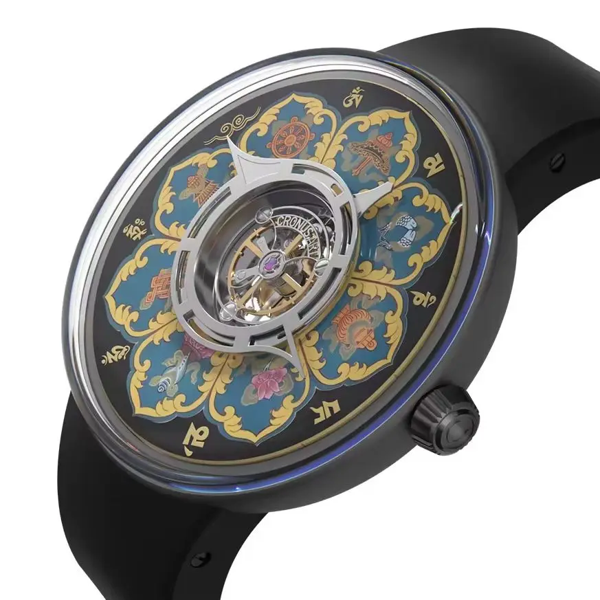 CRONUSART Men Tourbillon Watch 43mm Mechanical Wristwatch Titanium Case Luminous Sapphire Mirro Tangka Enamel Dial FKM Strap