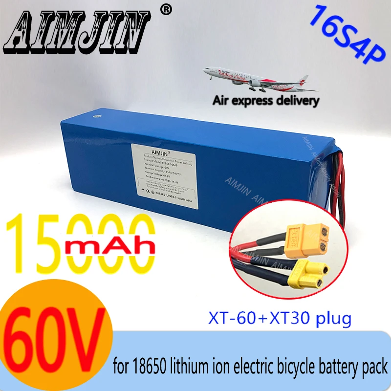 Bateria de íon-lítio 60v 15ah 18650 16s4p, adequada para veículo elétrico, motocicleta, scooter, motor de bicicleta, bateria de substituição xt60 + plugue xt30