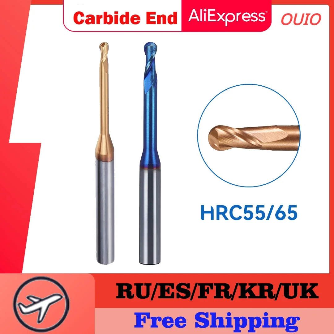 

OUIO HRC55 HRC65 Carbide Long Neck Ball Nose End Mills CNC Deep Groove Cutter Milling Cutter Router Bit Knife R0.15 R1 Endmills