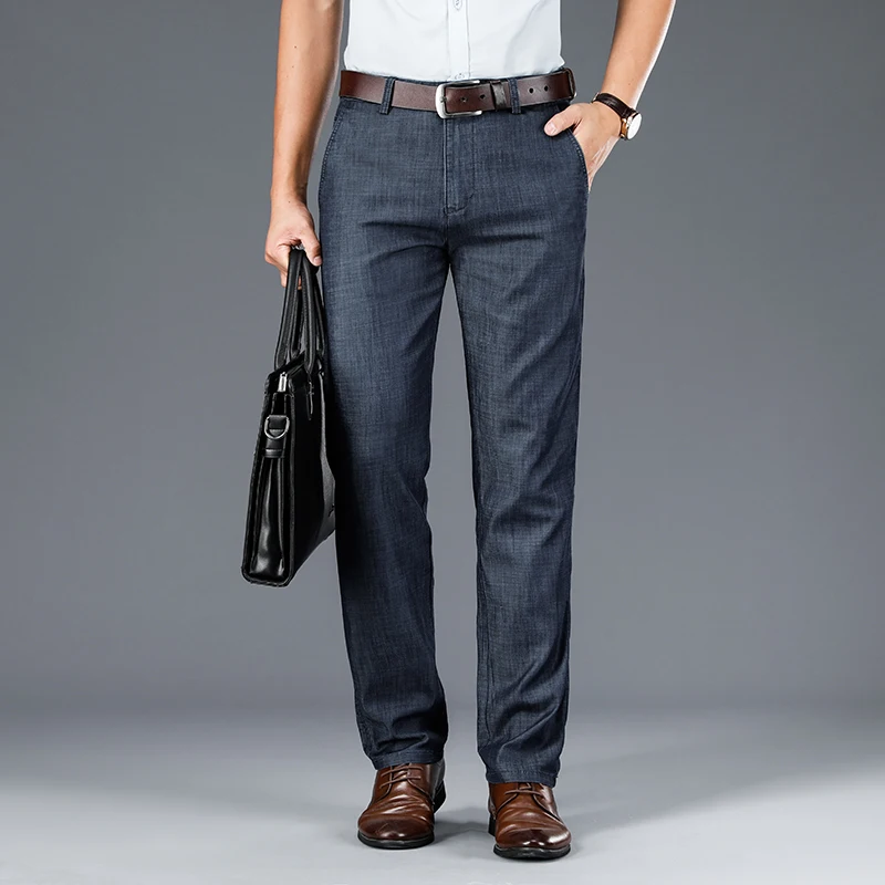 Hochwertige Herren dünne Jeans lose gerade Stretch atmungsaktive lässige Sommer mode Gentleman Business-Hose