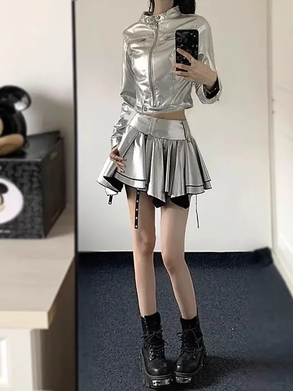 Silver Short Hoodie Set for Women's Group Opening Performance Jazz Dance Concert Outfit Cool Tech Style Streetwear Ensemble