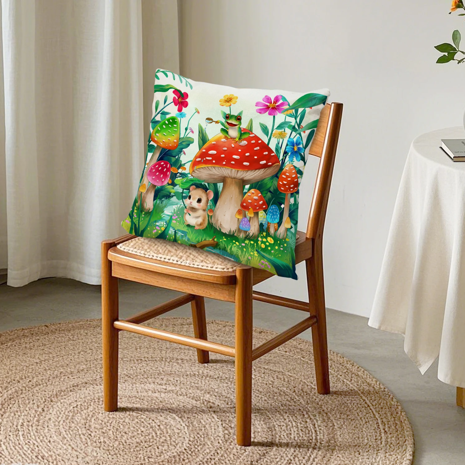 Forest Mushroom Frog Linen Cushion Cover Floral Botanical Garden Pillowcase Whimsical Nature Decor Couch Living Room Bedroom