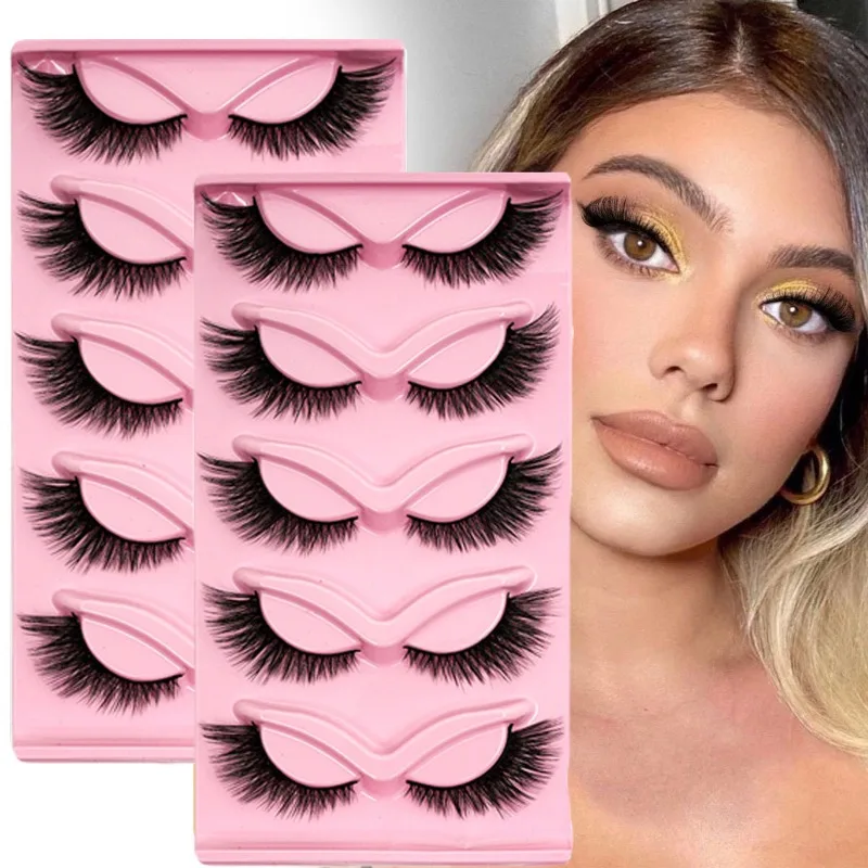 5/10 Pairs Cat Eye Lashes Faux Mink Eyelashes Natural Long Manga Lashes Winged End Eye Elongated Eyelashes Fake Lashes Makeup