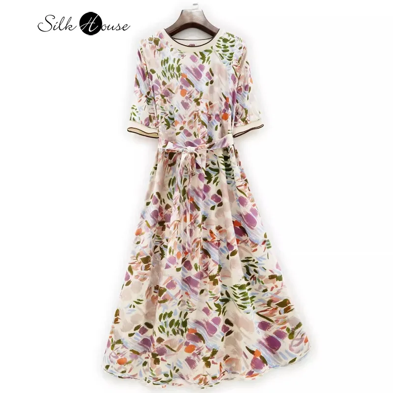 

2024 Women's Fashion Summer New Natural Mulberry Silk Elastic Satin Half Sleeve Women's Fashion Printed Dress