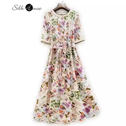 2024 Women's Fashion Summer New Natural Mulberry Silk Elastic Satin Half Sleeve Women's Fashion Printed Dress