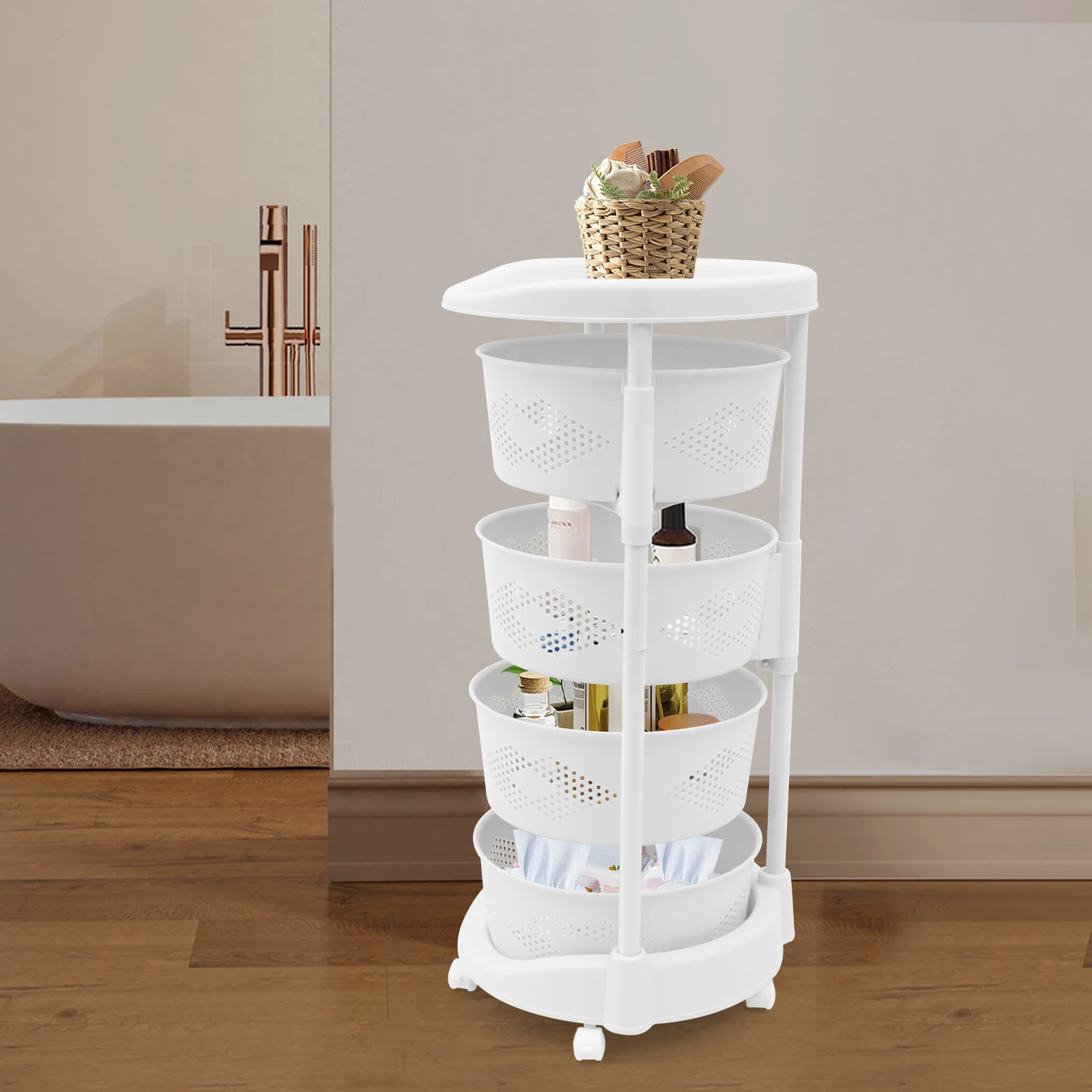 

4-Tier Rotating Storage Shelf with Wheels, Storage Basket Cart, Freestanding Storage Basket for Kitchen, Bedroom, Living Room