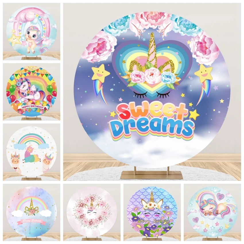 Jednorożec urodziny tło okrągłe koło różowe dziewczyny Baby Shower zdjęcie tło elastyczna złota brokatowa gwiazdy nowonarodzone dzieci rekwizyty 1AN