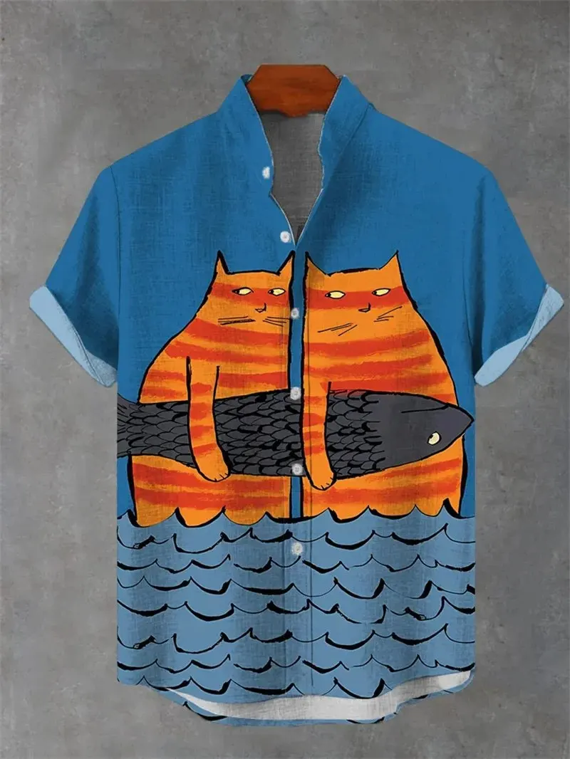 2025 fashionable men's 3D printed cat design pattern men's button up collar comfortable and breathable casual plus size linen sh