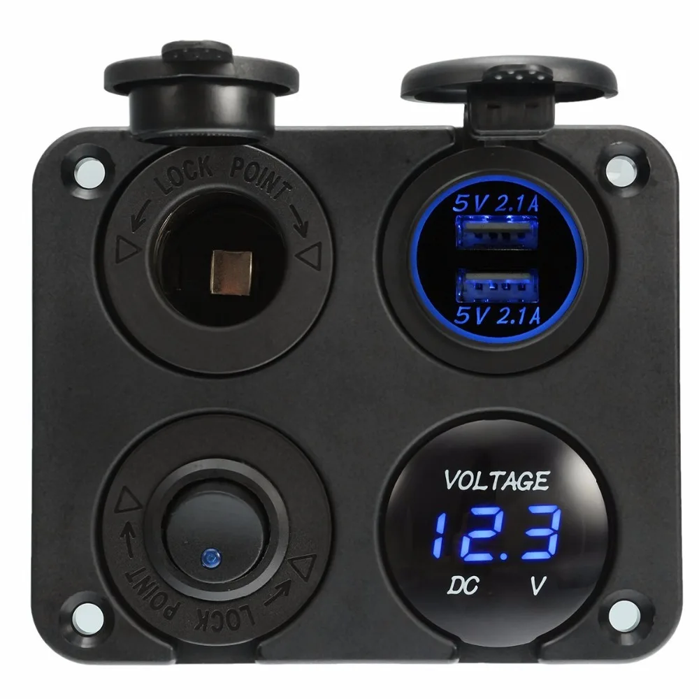 

Dual USB Socket Charger 2.1A+2.1A + 12V Power Outlet +NO-OFF Switch+ LED Voltmeter 4 in 1 Charger Panel for Car Motocycle