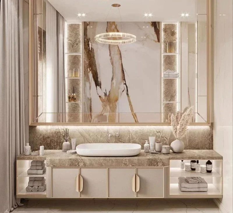 

Французский кремовый шкаф для ванной комнаты, светлый роскошный комбинированный шкаф для ванной комнаты, изготовление на заказ из цельного дерева