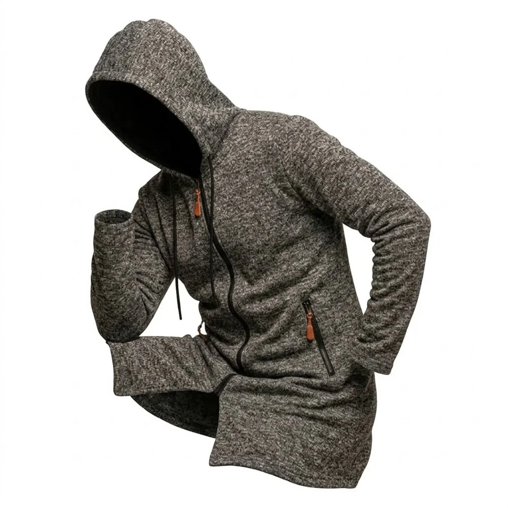 Neue Herren-Kapuzenjacke mit Reißverschluss, thermisch, winddicht, lässiger Fleece-Sweatshirt, Reißverschlusstaschen, langer Mantel für Outdoor-Aktivitäten, mit Kapuze – Detail 10