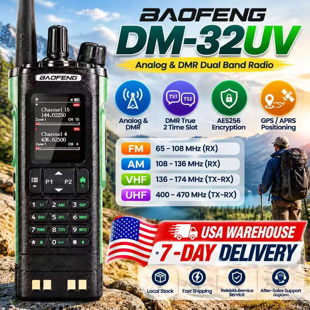 Baofeng Dm 32Uv Dmr Radio 10W Gps Apes Digital & Analog Dmr True 2 Time Slot Air Band Uhf Vhf For Outdoor