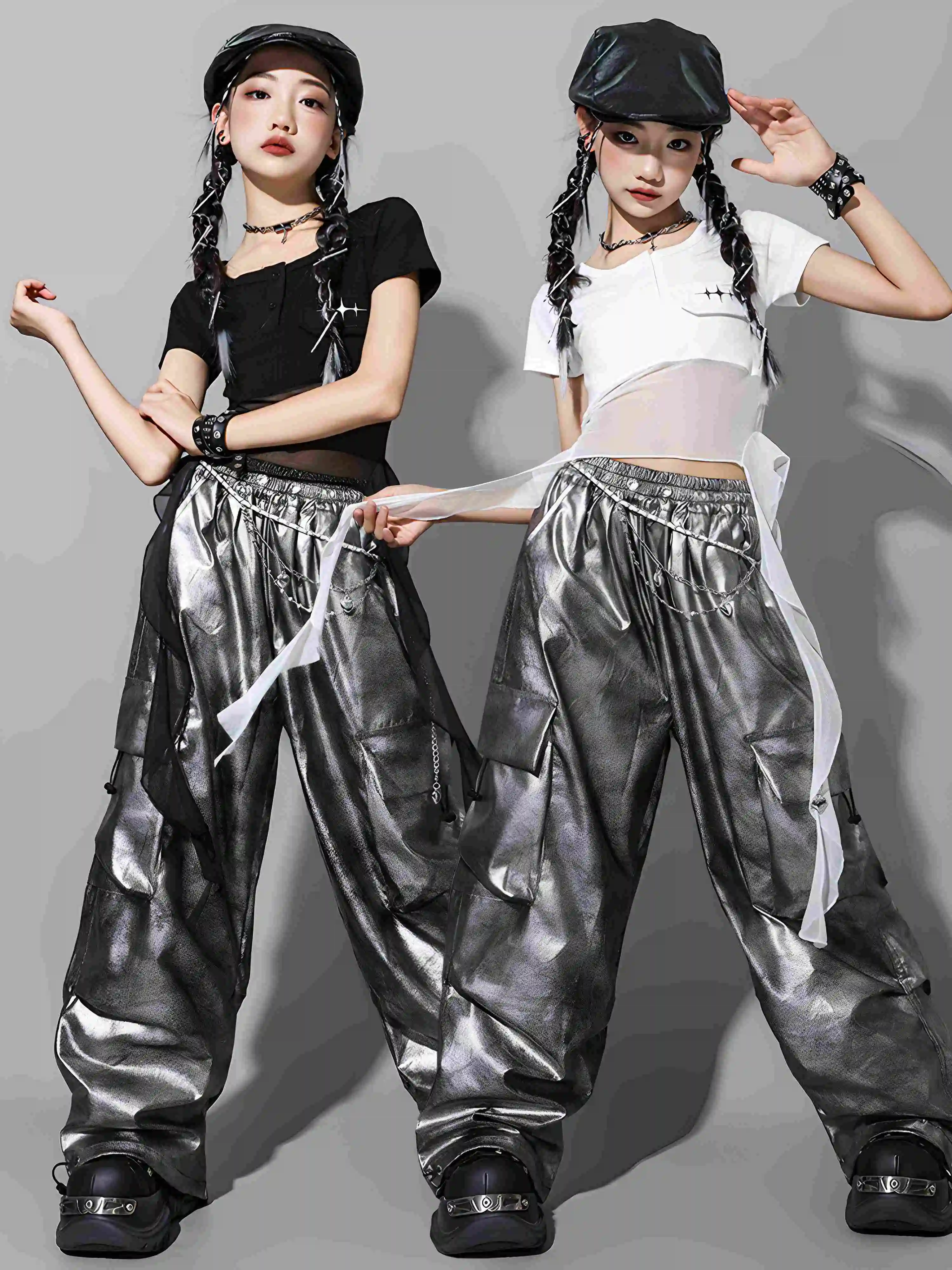 Girls Jazz Dance Costume Summer avel Tops Silver Cargo Pants Kids Hip Hop Performance Clothes Kpop Stage Wear Group Suit BL16426