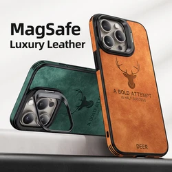 Luxury Magnetic Camera Lens Protection Holder Leather Mobile Phone Case For iPhone 15 14 13 Pro Max Magsafe Back Cover Funda