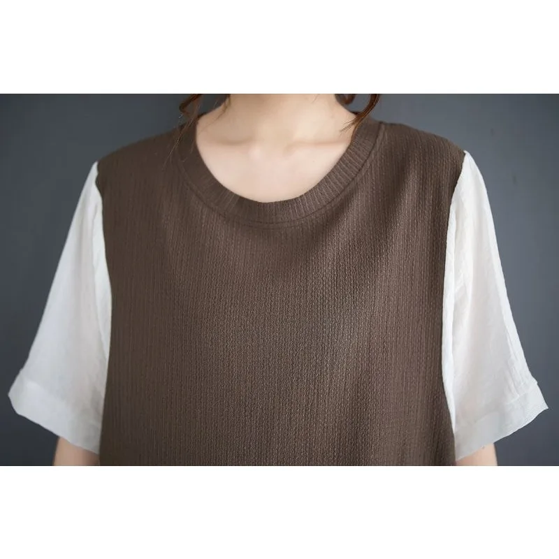 Top da donna finto in due pezzi a contrasto lavorato a maglia e lino manica corta vestibilità ampia casual comoda camicetta multicolore quotidiana estiva