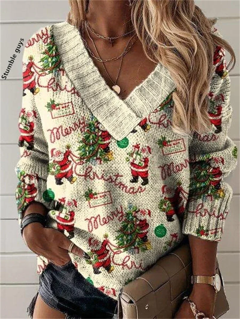 المرأة الخريف الشتاء عيد الميلاد سترة الموضة عادية الأوروبية الأمريكية الدافئة الغزلان الكلب ثلج طباعة Y2K متماسكة الأعلى #2