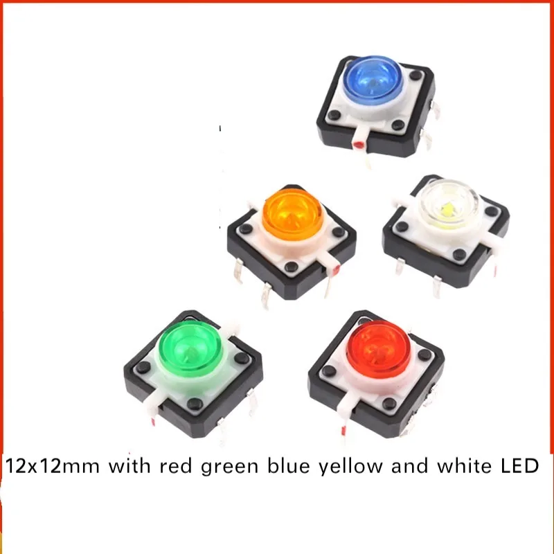 100pcs 12*12 LED Lighted Tactile Switch Red Yellow Blue Green White High-brightness Reset Button Switch