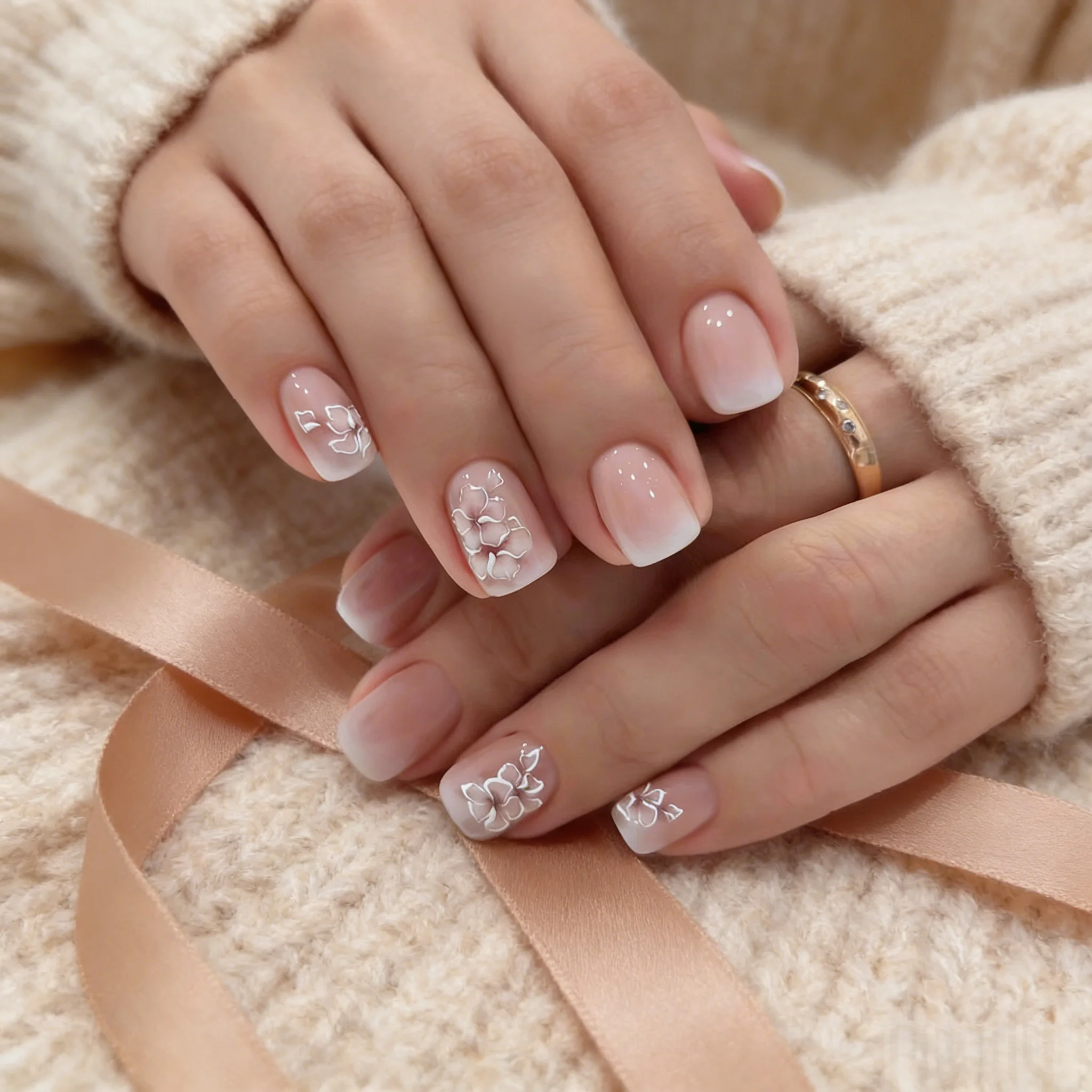 

24pcs White Floral Fake Nails Gentle Gradient Cat Eye Press on Nail Short Square Full Cover Nail Tips for Women&Girl False Nail