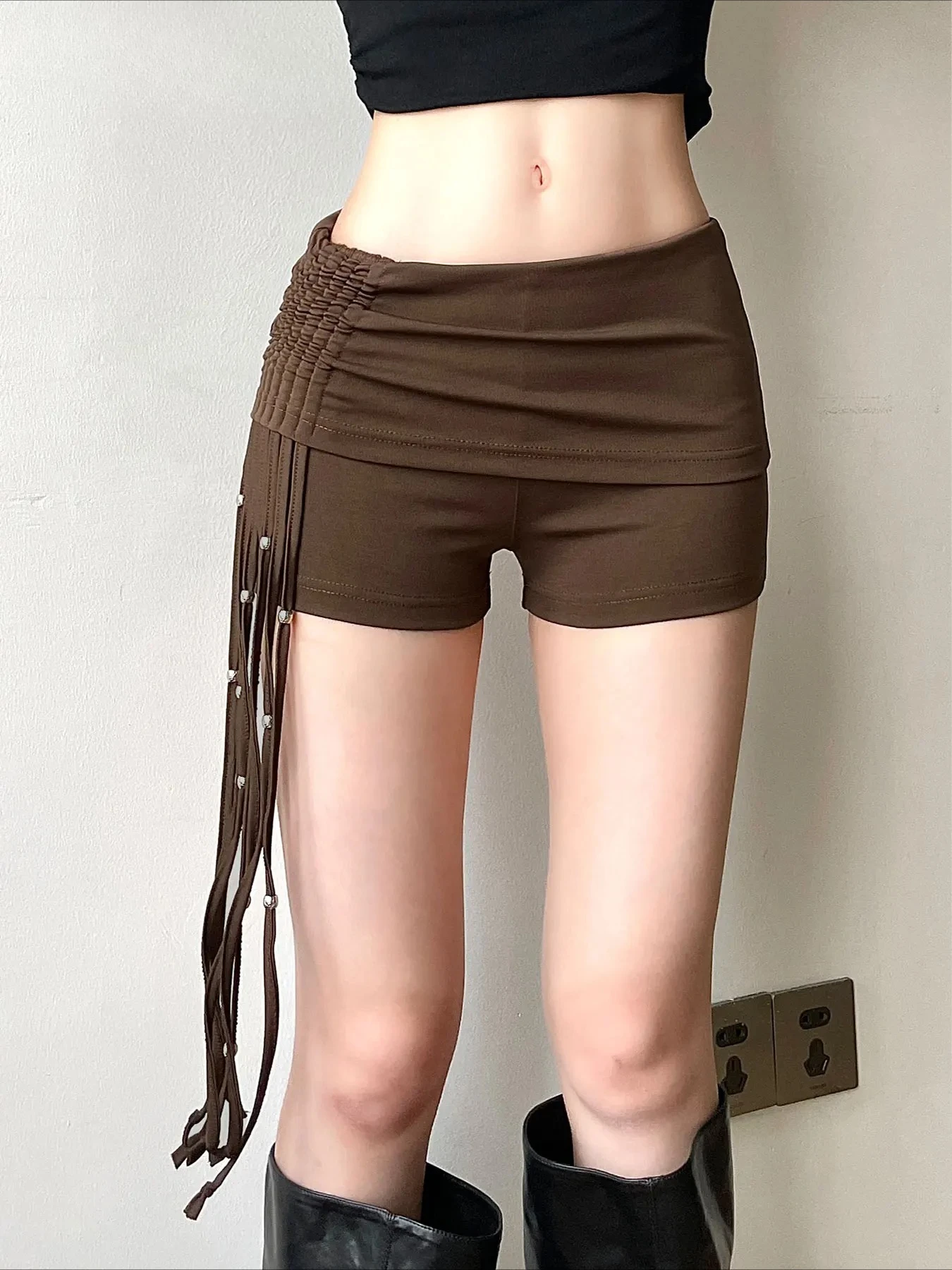

Streetwear Drawstring Pleated Irregular Short Low Rise Lace-up Casual Slim Women'S Pantes Korean Fashion Short Pant
