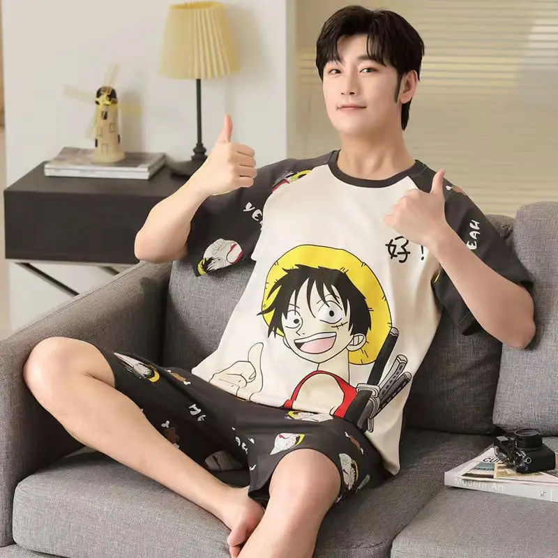 Conjunto de pijamas anime masculino, shorts verão, pijama estampado com chapéu, roupas casuais para casa, tops lougewear estilo japonês