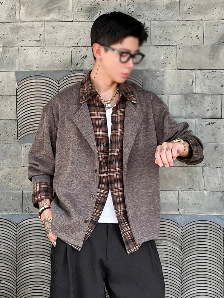 

Свободный крой, клетчатый свитер с воротником irt, мужской корейский ленивый многослойный топ, трикотажная верхняя одежда, длинная свеч, пуговицы, дверь, хлопок Po...