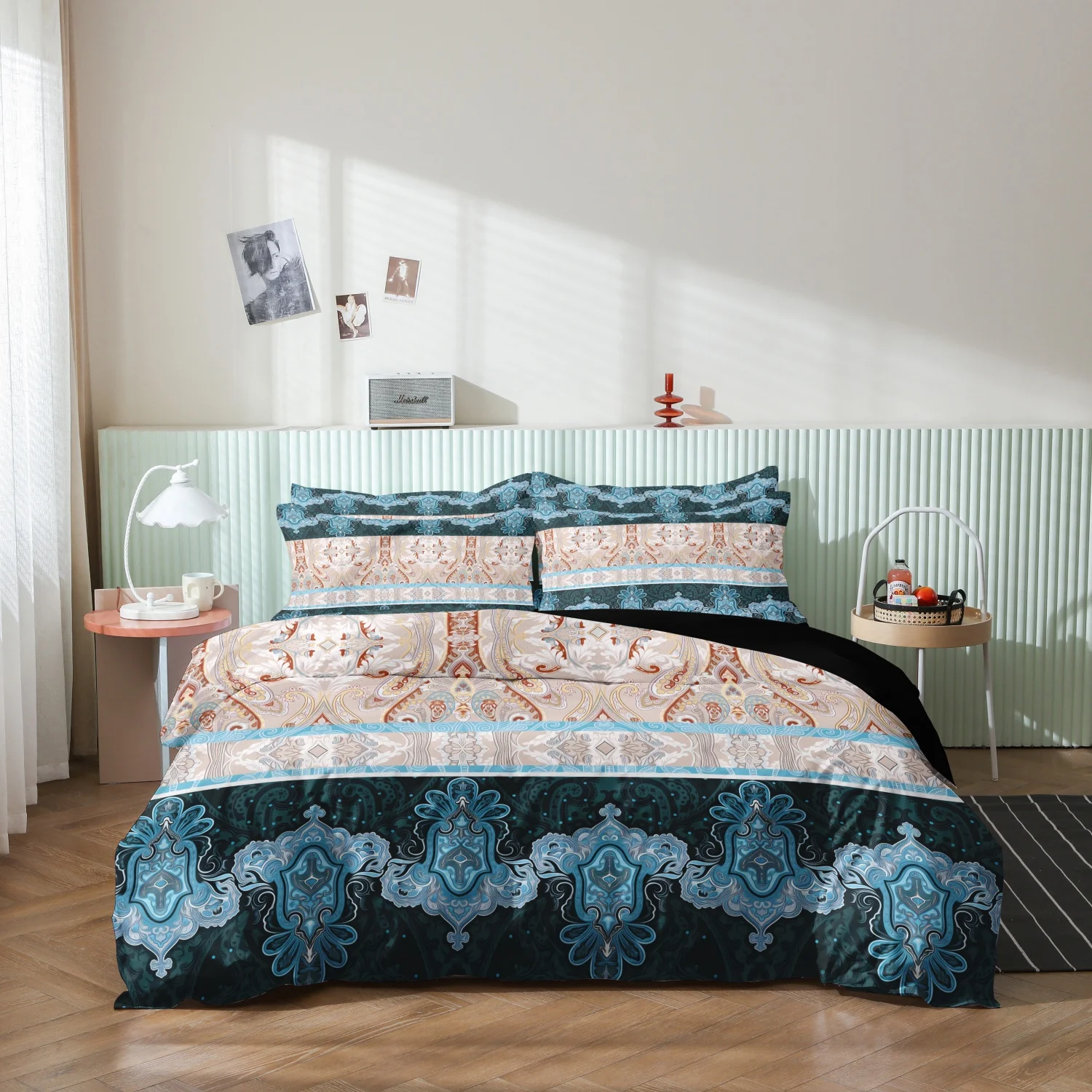 Elegant Retro Baroque Paisley Print Duvet Cover Set, 3Pcs Teal Green Beige Striped Vintage Floral Symmetric Pattern Bedding