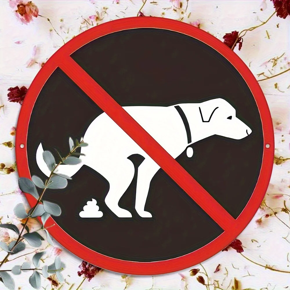 No Dog Feces Sign | Heavy-Duty Aluminum Round Pet Waste Warning Decoration with Red & Vintage Dog Pooping Symbol - for Home,Cafe