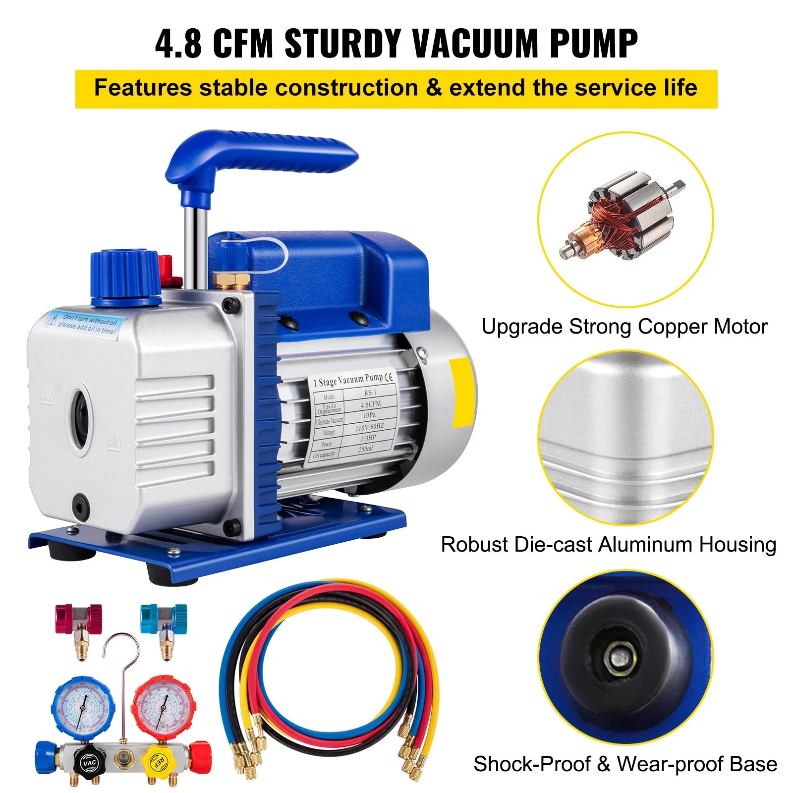 Vacuum Pump 4.8CFM 1/4 HP Single Stage HVAC A/C Refrigeration Kit 5PA Ultimate Vacuum Manifold Gauge Set  Air Conditioning