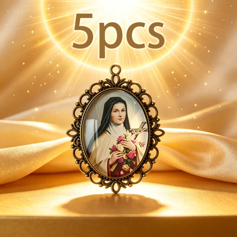 5Pcs Vintage Bronze Saint Therese of Lisieux Pendant Oval Religious Medal Charm Resin Coated Protective Amulet DIY Jewelry Makin