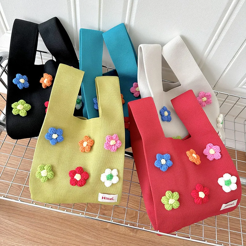 Cute Colorful Little Flower Knitted Bag Tote Bag Simple Knitted Woolen Handbag Korean Bag Bucket Shoulder Crossbody Bag