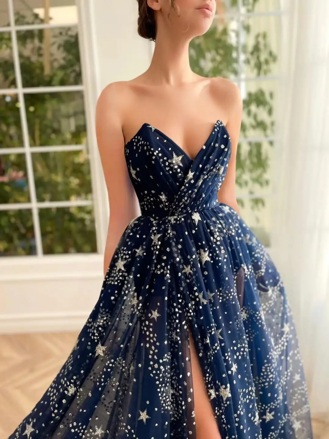 Vestidos de fiesta de tul estrellado brillante para mujer, vestidos de fiesta de noche formales largos sin tirantes con hendidura