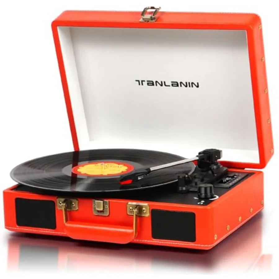 

Портативный винтажный проигрыватель для виниловых пластинок в виде чемодана с Bluetooth и USB-записью, оранжевый, 3-скоростной проигрыватель, встроенные стереодинамики, RCA/